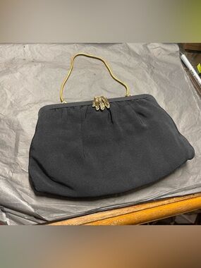 Vintage 40s/Mid Century Elegant Black Evening Clutch with Gold Frame and